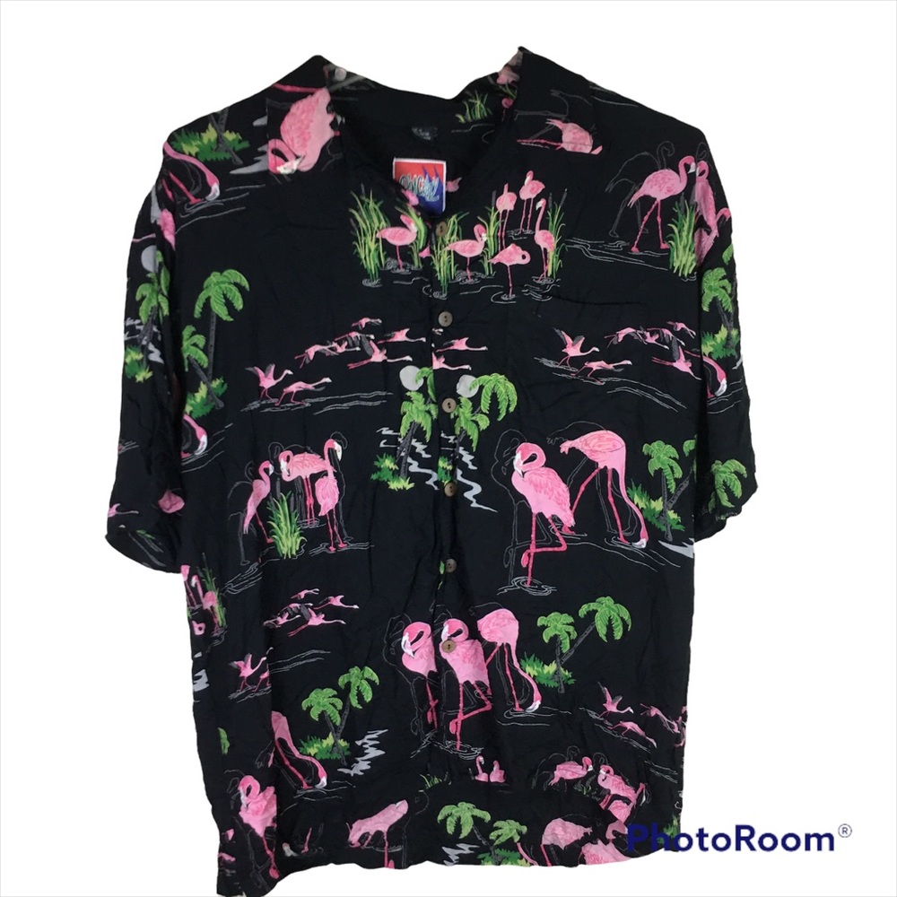 Dem Crazy 1990s pink flamingos button down shirt with coconut shell buttons